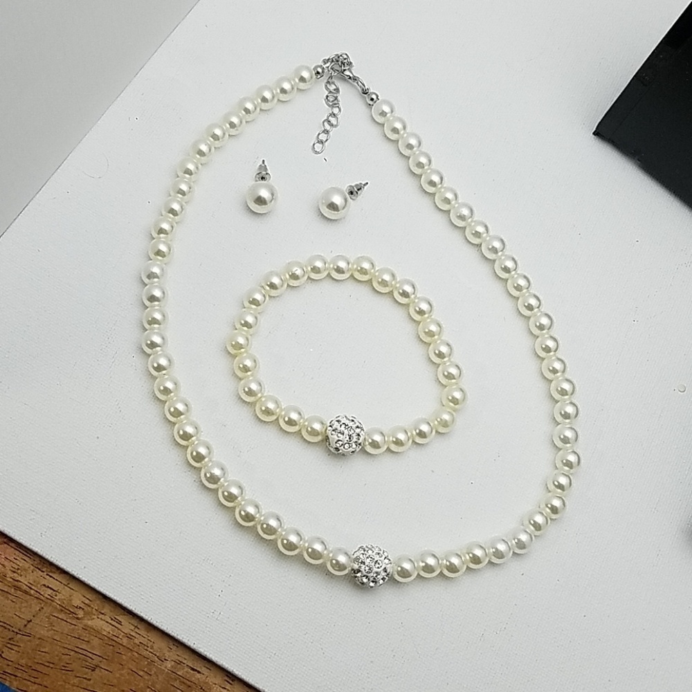 Faux Pearl & Rhinestone 3 pc Set Earrings Necklace Bracelet